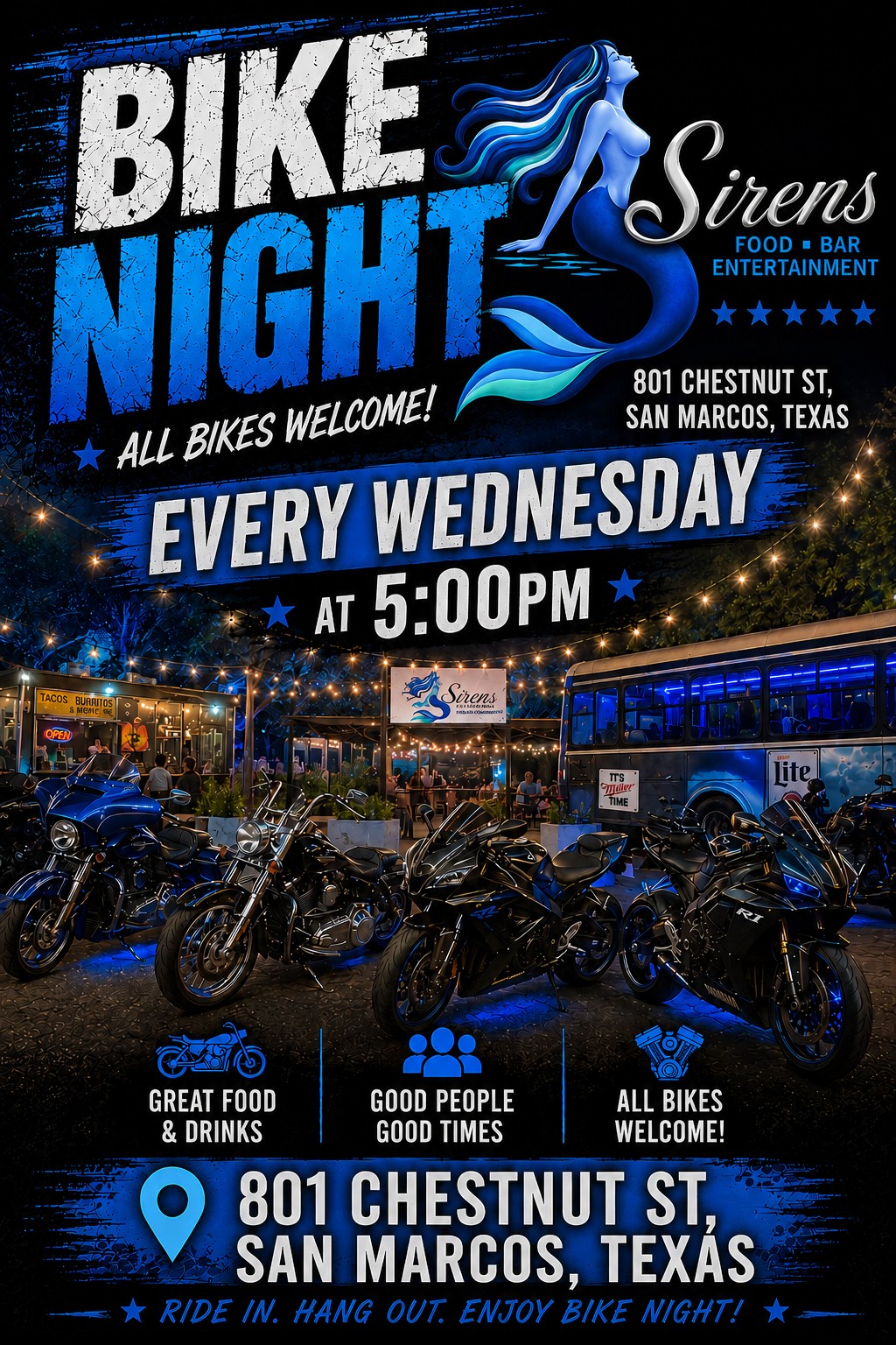 Sirens Bike Night flyer: every Wednesday at 5 PM, 801 Chestnut Street, San Marcos, Texas